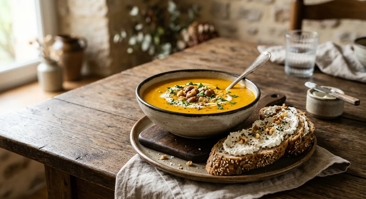 Velouté de potimarron et châtaigne, pain aux céréales