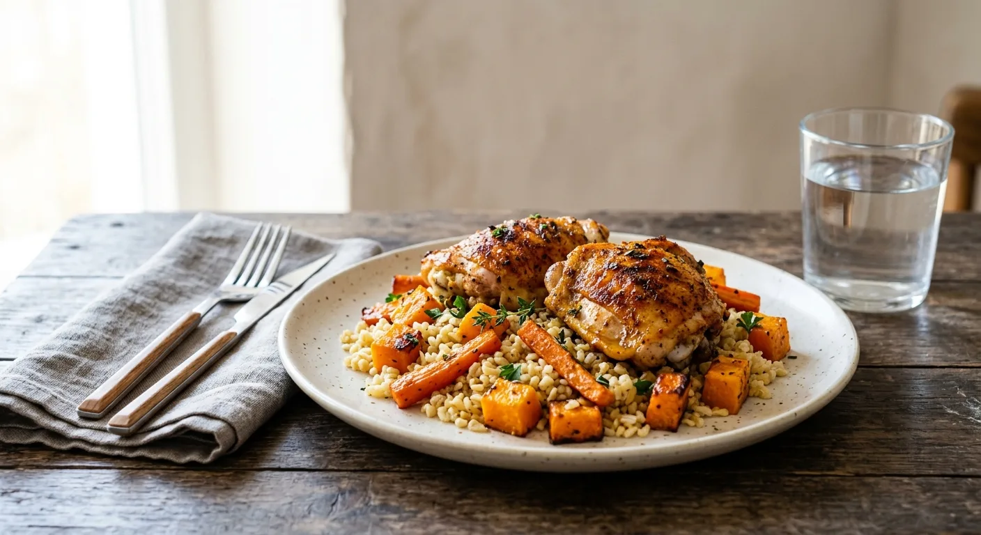 Hauts de cuisse de poulet rôtis au potiron et aux carottes, boulgour complet