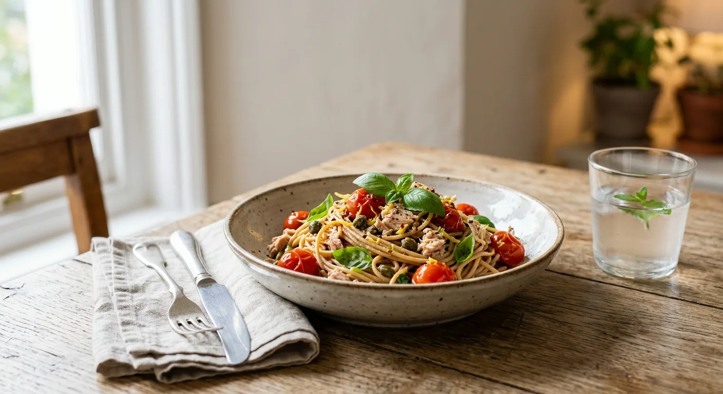 Pâtes complètes au thon, tomates cerises et câpres