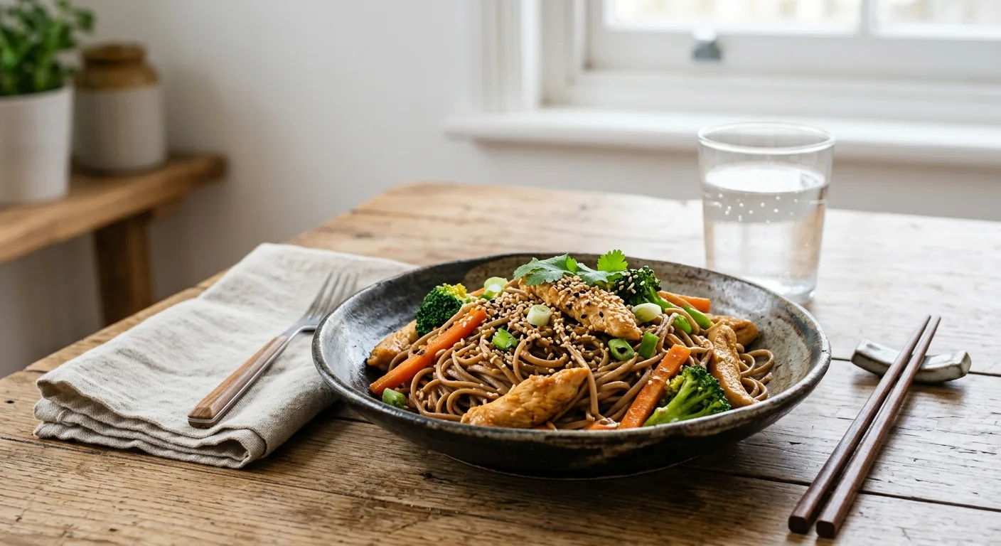 Nouilles soba sautées au poulet, brocoli et sésame