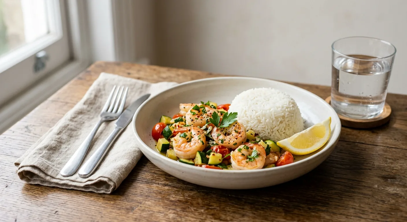 Crevettes sautées à l'ail, courgettes et riz basmati