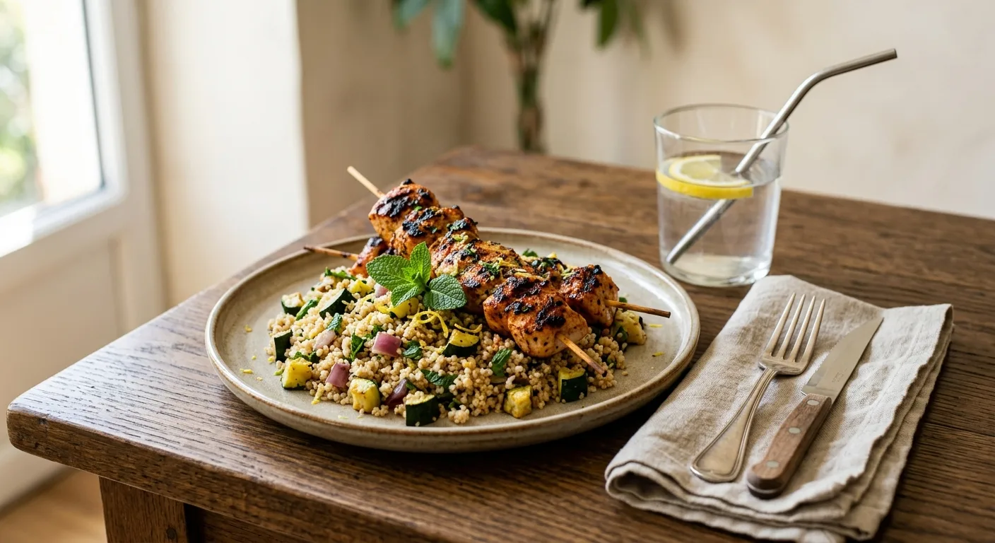 Brochettes de dinde au paprika, semoule complète et courgettes