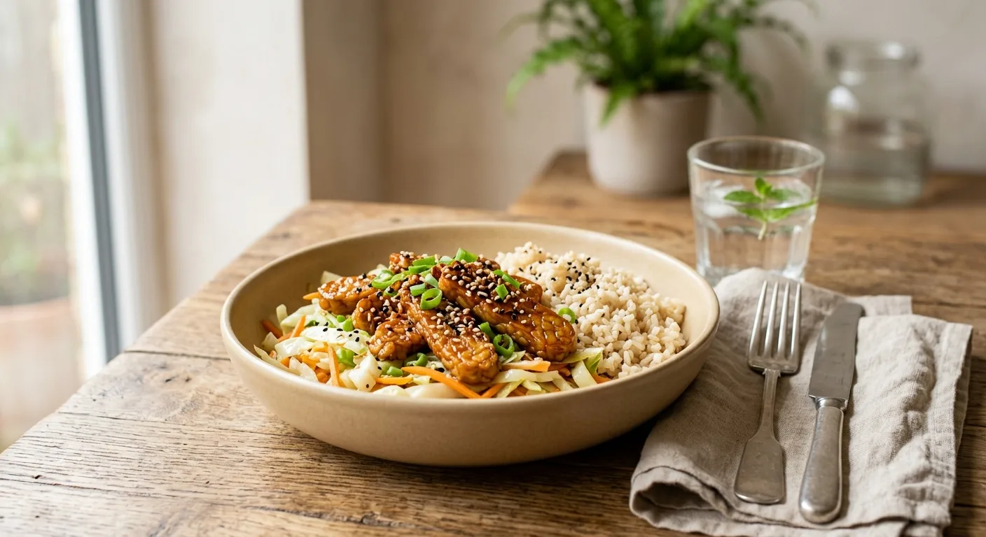 Tempeh mariné au soja, chou sauté et riz complet