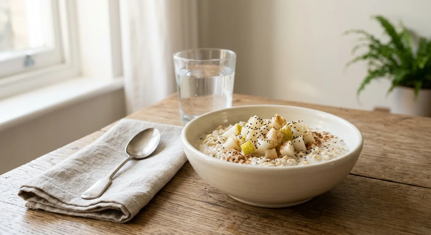 Flocons d'avoine trempés au fromage blanc, poire et graines de chia