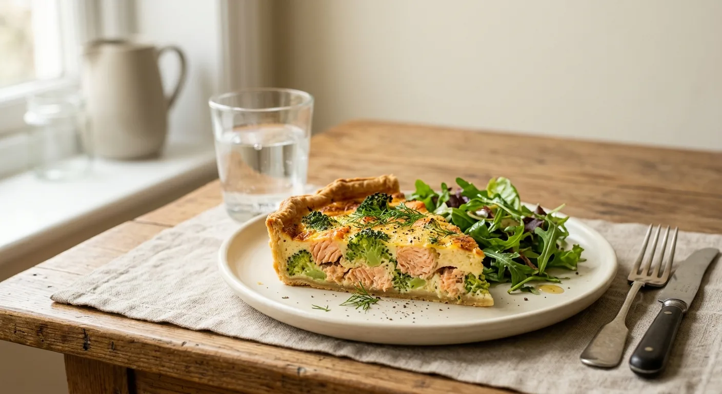 Quiche au saumon et au brocoli, salade verte