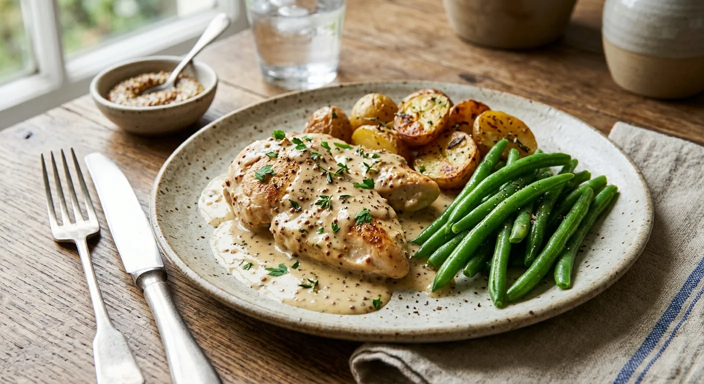 Poulet à la moutarde, haricots verts et pommes de terre