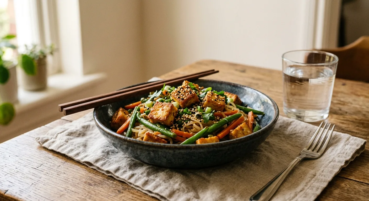 Tofu sauté au sésame, haricots verts et nouilles de riz