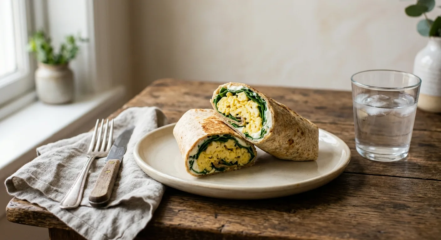 Wraps du matin aux œufs brouillés, épinards et fromage frais