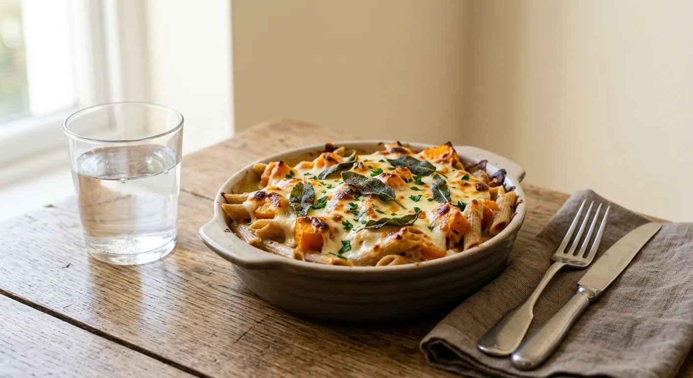 Gratin de pâtes complètes au potiron et à la sauge