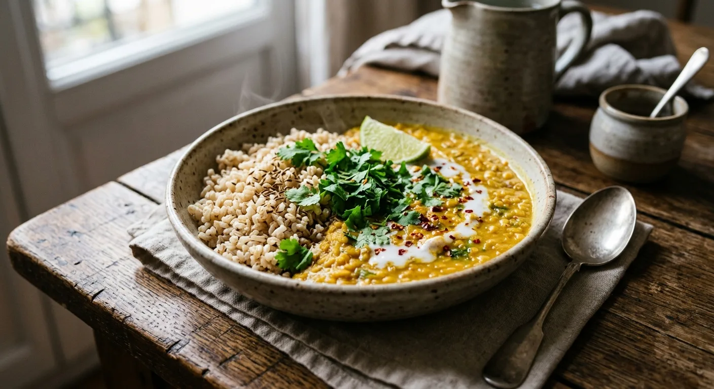 Dahl de lentilles corail et riz complet