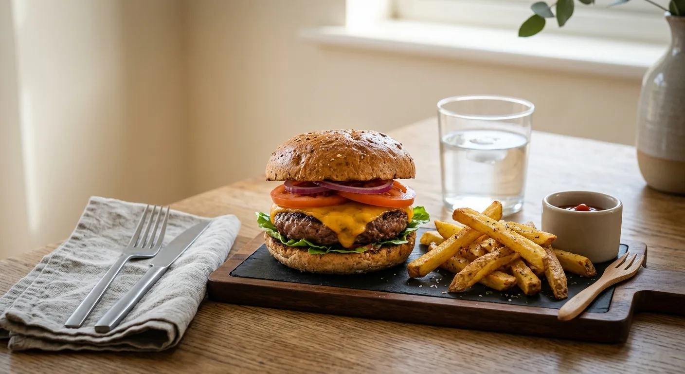 Burger maison au bœuf et cheddar, frites de pommes de terre à l'air fryer