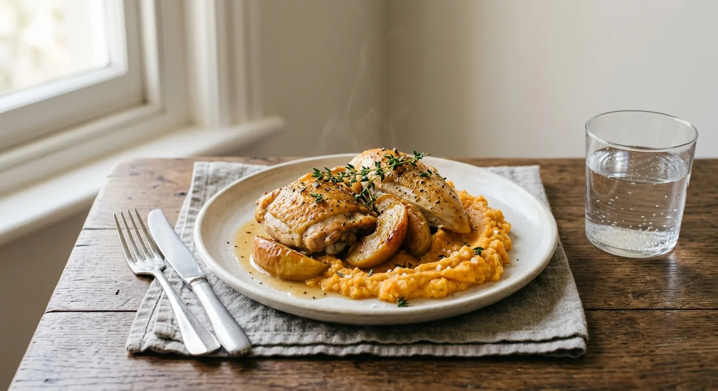 Poulet rôti aux pommes et au thym à l'air fryer, purée de céleri-rave et carottes au robot