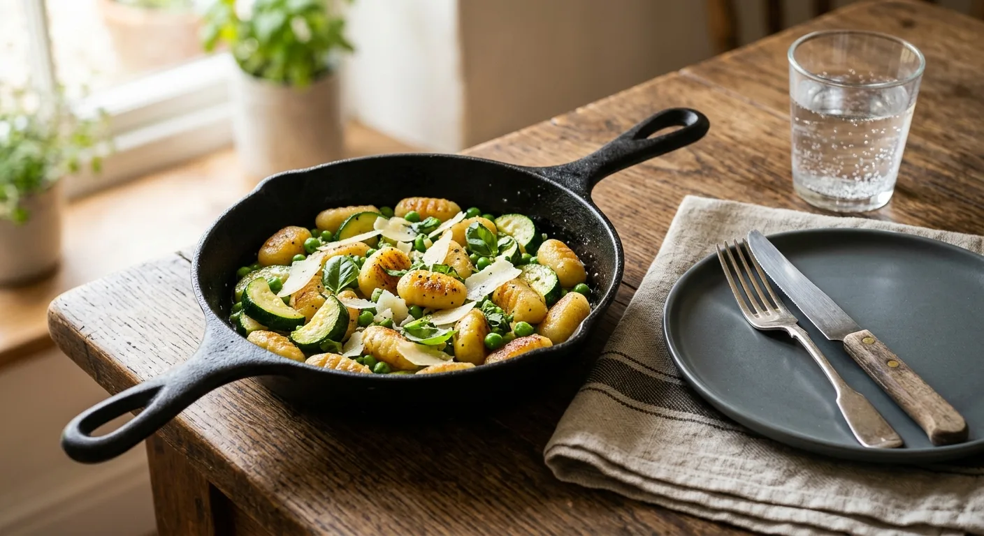 Poêlée de gnocchis, courgettes, petits pois et parmesan