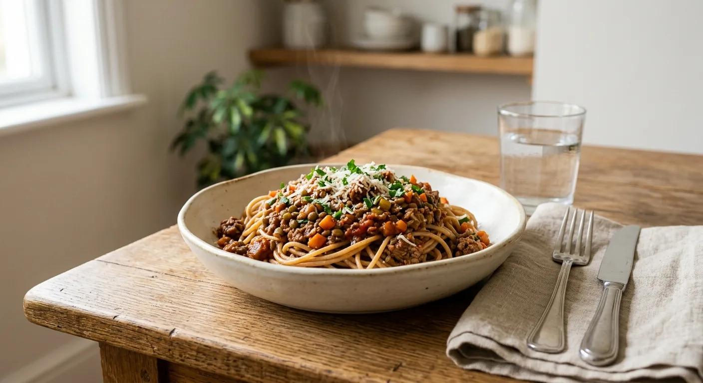 Spaghetti complets à la bolognaise de bœuf et lentilles vertes