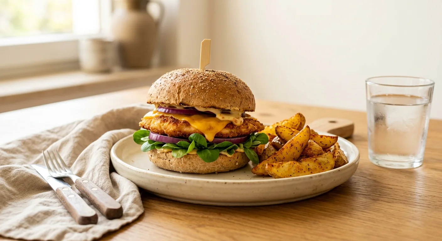 Burger maison au poulet et cheddar, pain complet et potatoes à l'air fryer