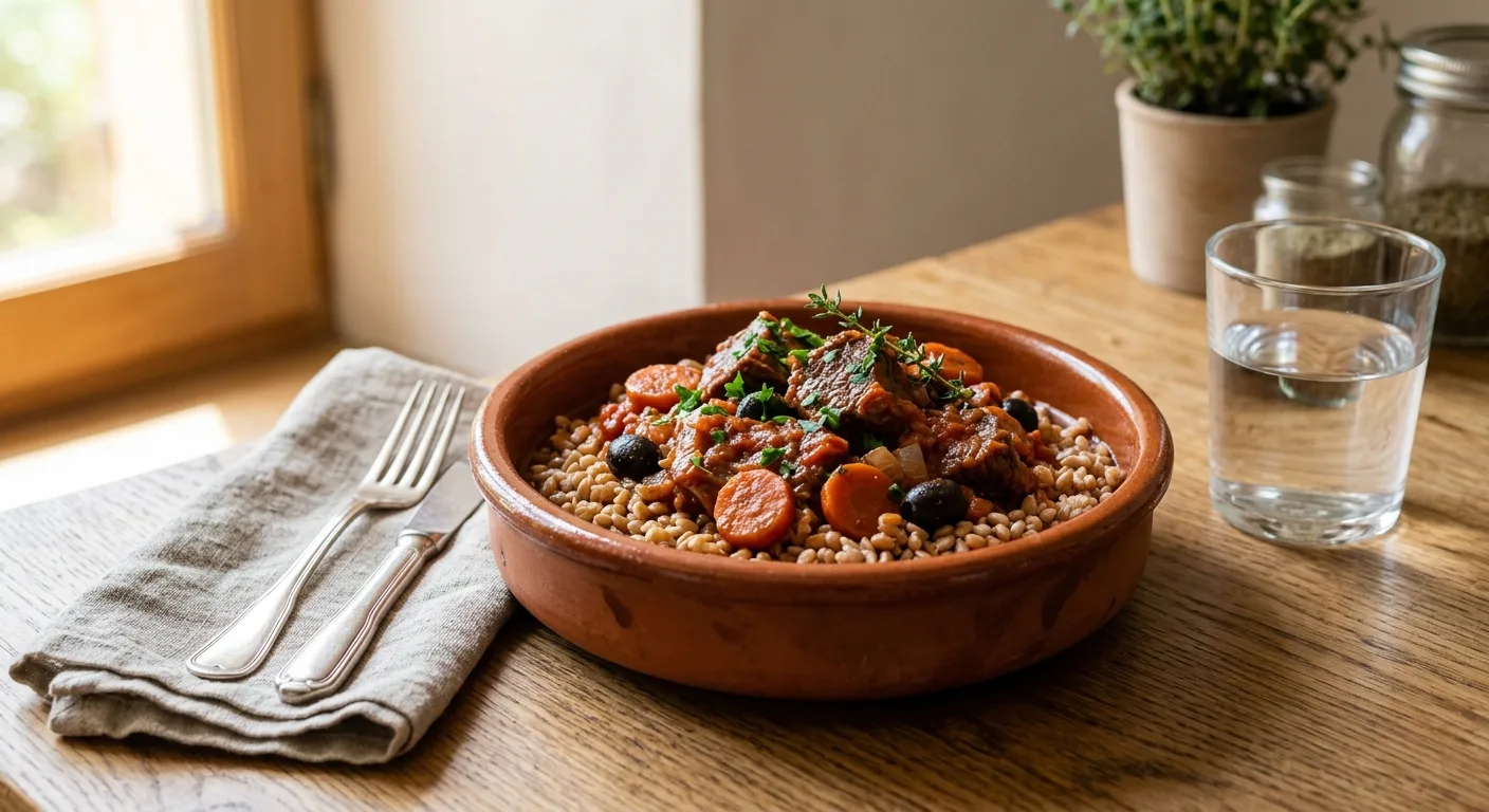 Daube de bœuf provençale aux carottes et aux olives, petit épeautre
