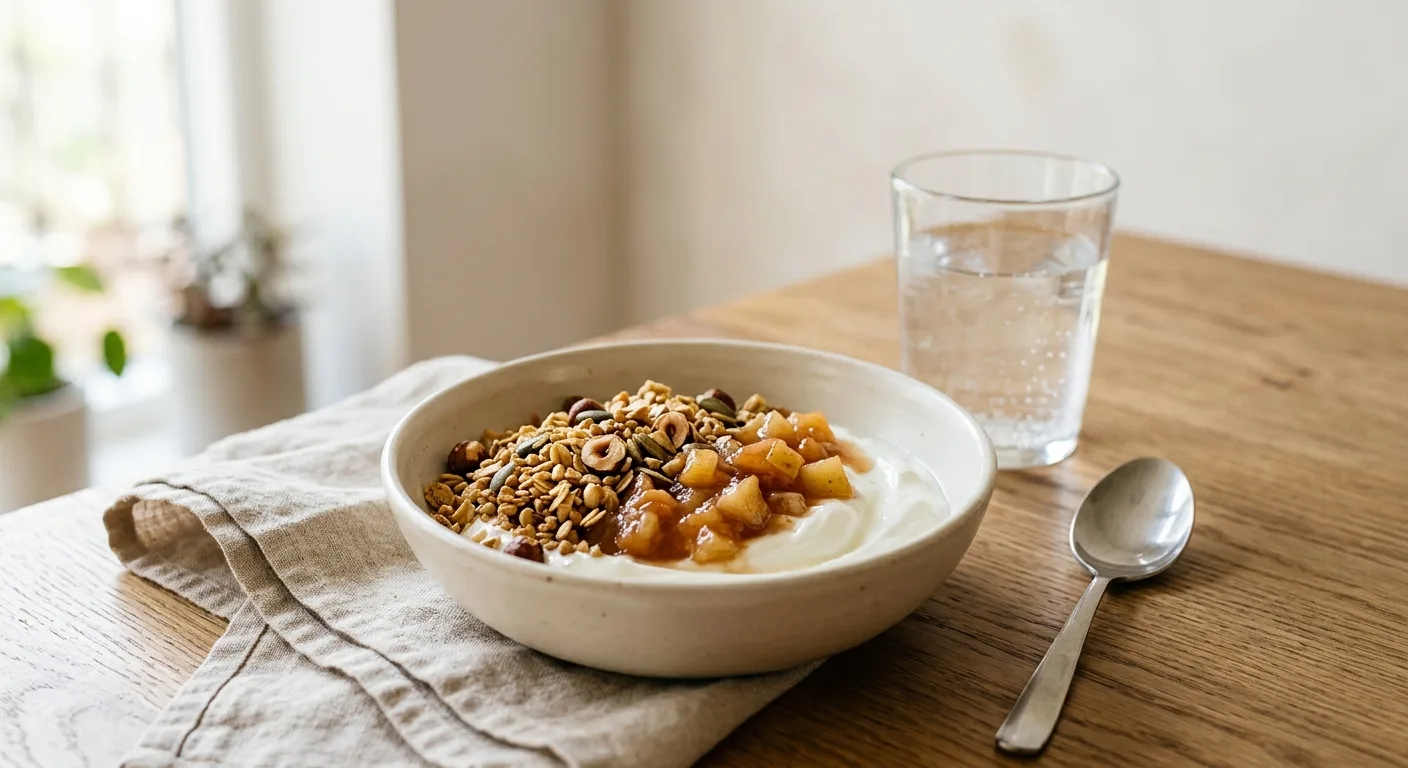 Yaourt grec, compote pomme-poire et granola au sarrasin
