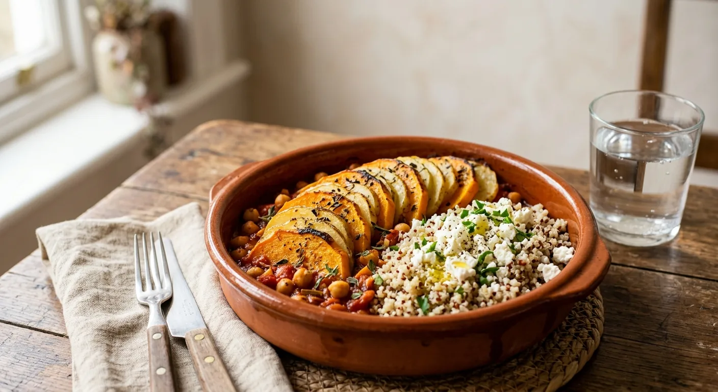 Tian de courge butternut, pommes de terre et pois chiches, quinoa à la feta