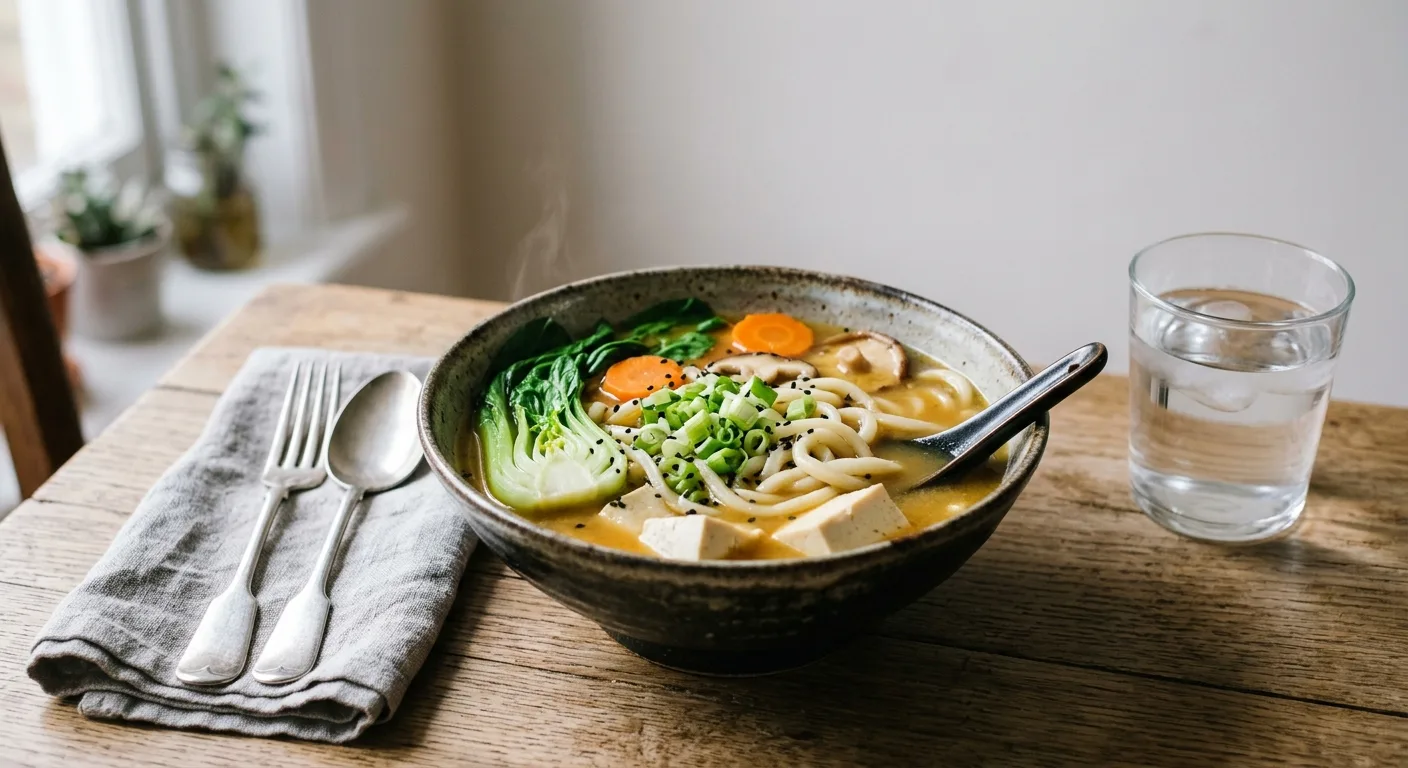 Soupe-repas au miso, nouilles udon, tofu et légumes