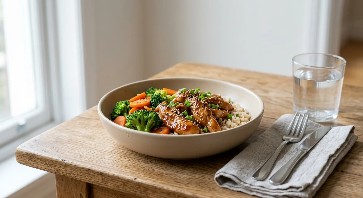 Poulet teriyaki maison, brocoli, carottes et riz complet