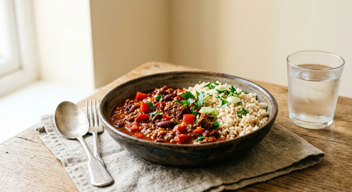 Chili de bœuf aux haricots rouges et poivrons, riz complet