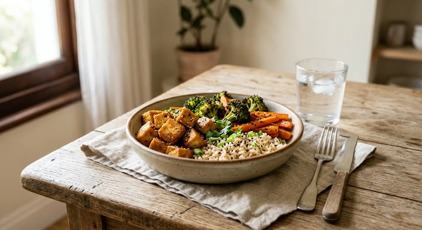 Tofu mariné au gingembre à l'air fryer, brocoli rôti et riz complet