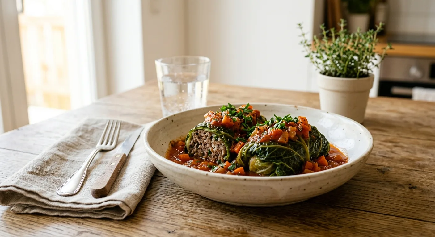 Chou farci au bœuf et au riz, sauce tomate