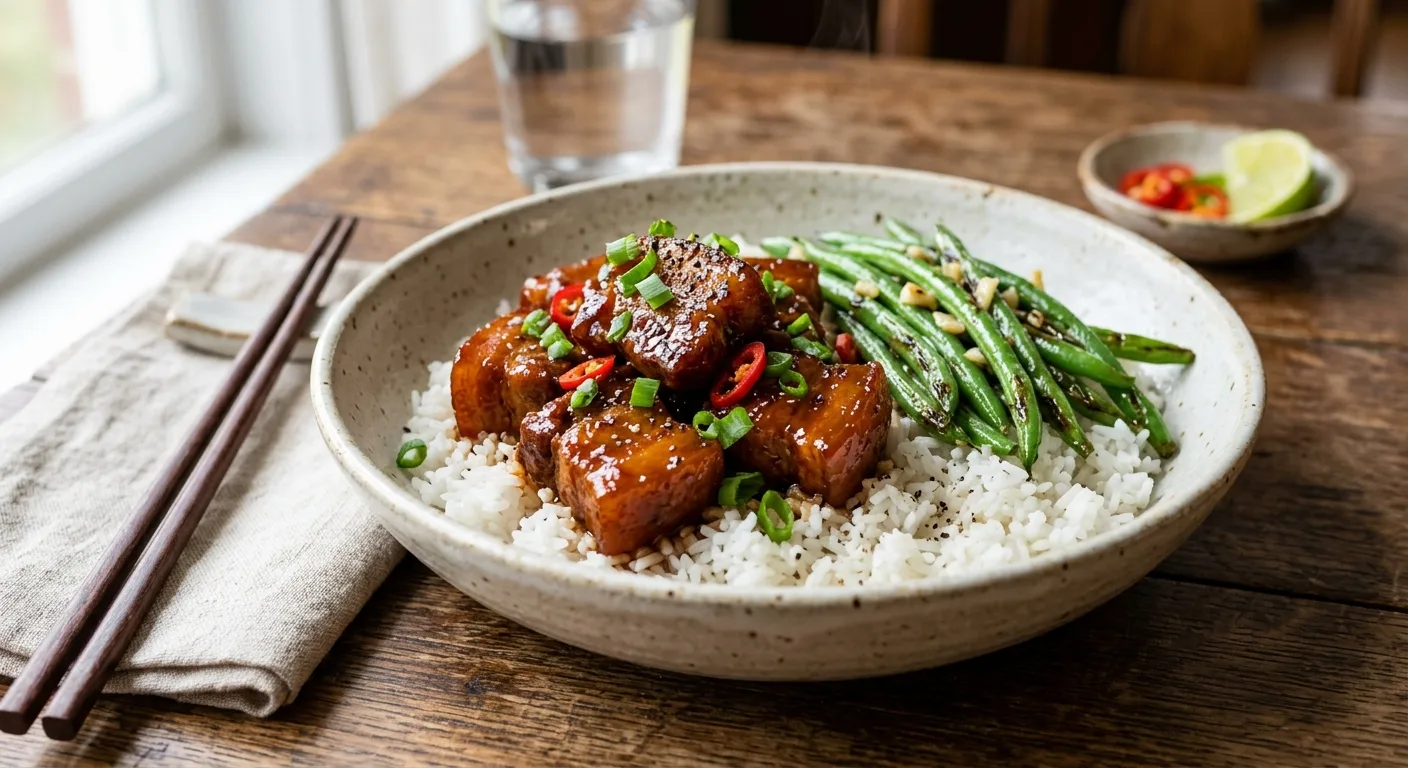 Porc au caramel, haricots verts et riz jasmin
