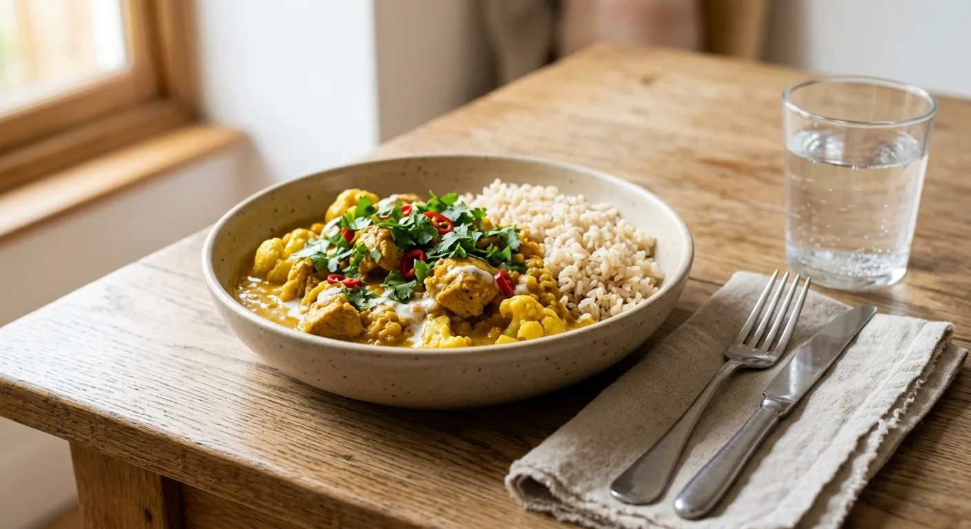 Curry doux de poulet aux lentilles corail et chou-fleur, riz complet
