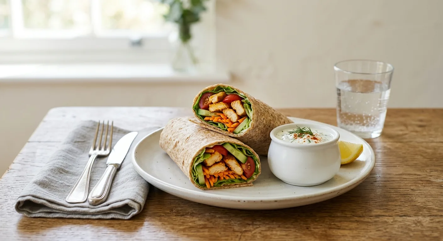 Wraps complets au poulet, crudités et sauce yaourt-citron