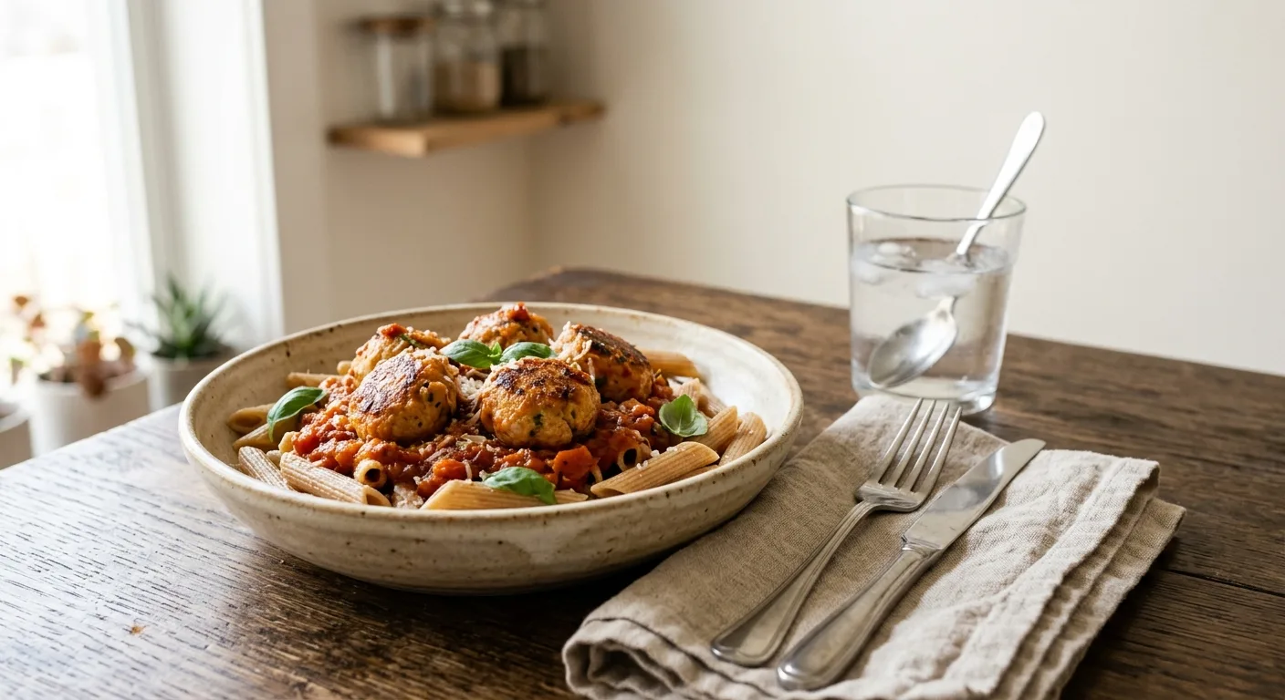 Boulettes de dinde au four, sauce tomate et penne complètes