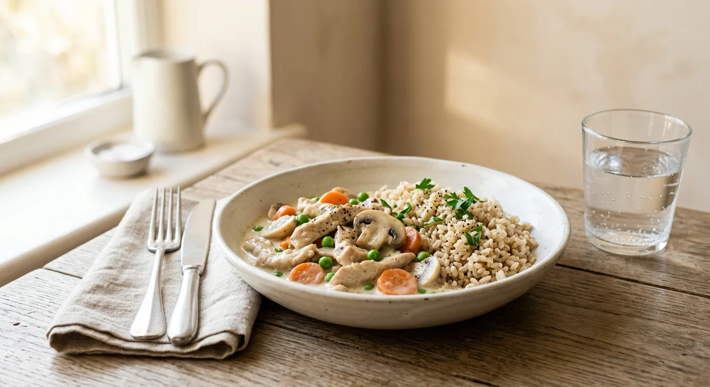 Sauté de dinde aux champignons, carottes et petits pois au robot, riz complet