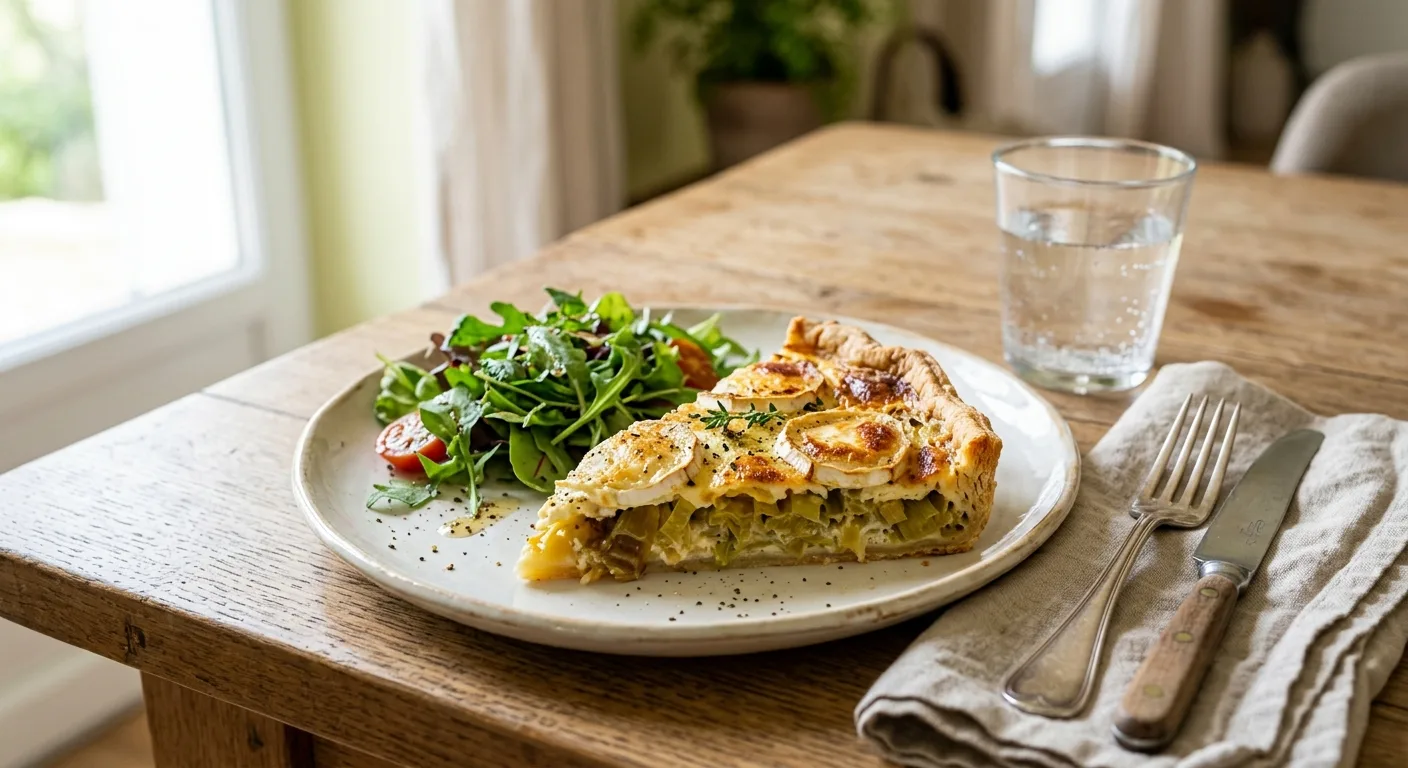 Tarte aux poireaux et au chèvre, salade verte