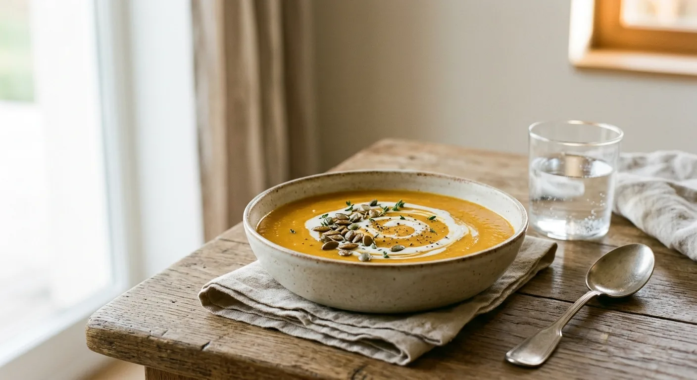 Velouté complet de potiron et lentilles corail au lait de coco, graines de courge