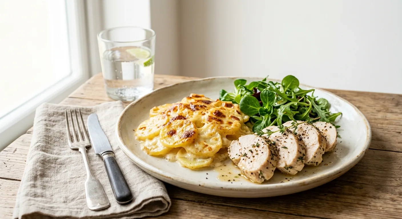 Gratin dauphinois, filet de poulet rôti et salade verte