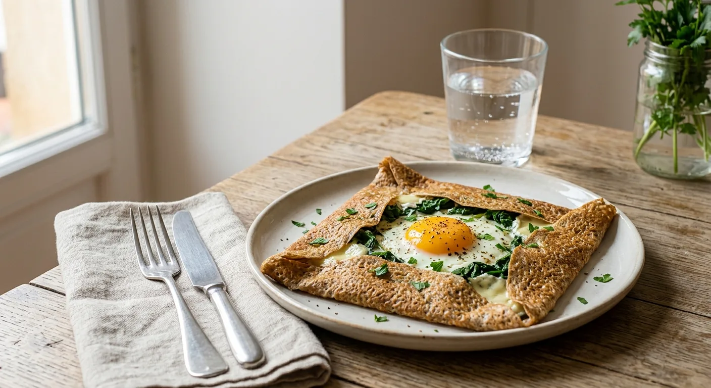 Galettes de sarrasin aux épinards, chèvre et œuf