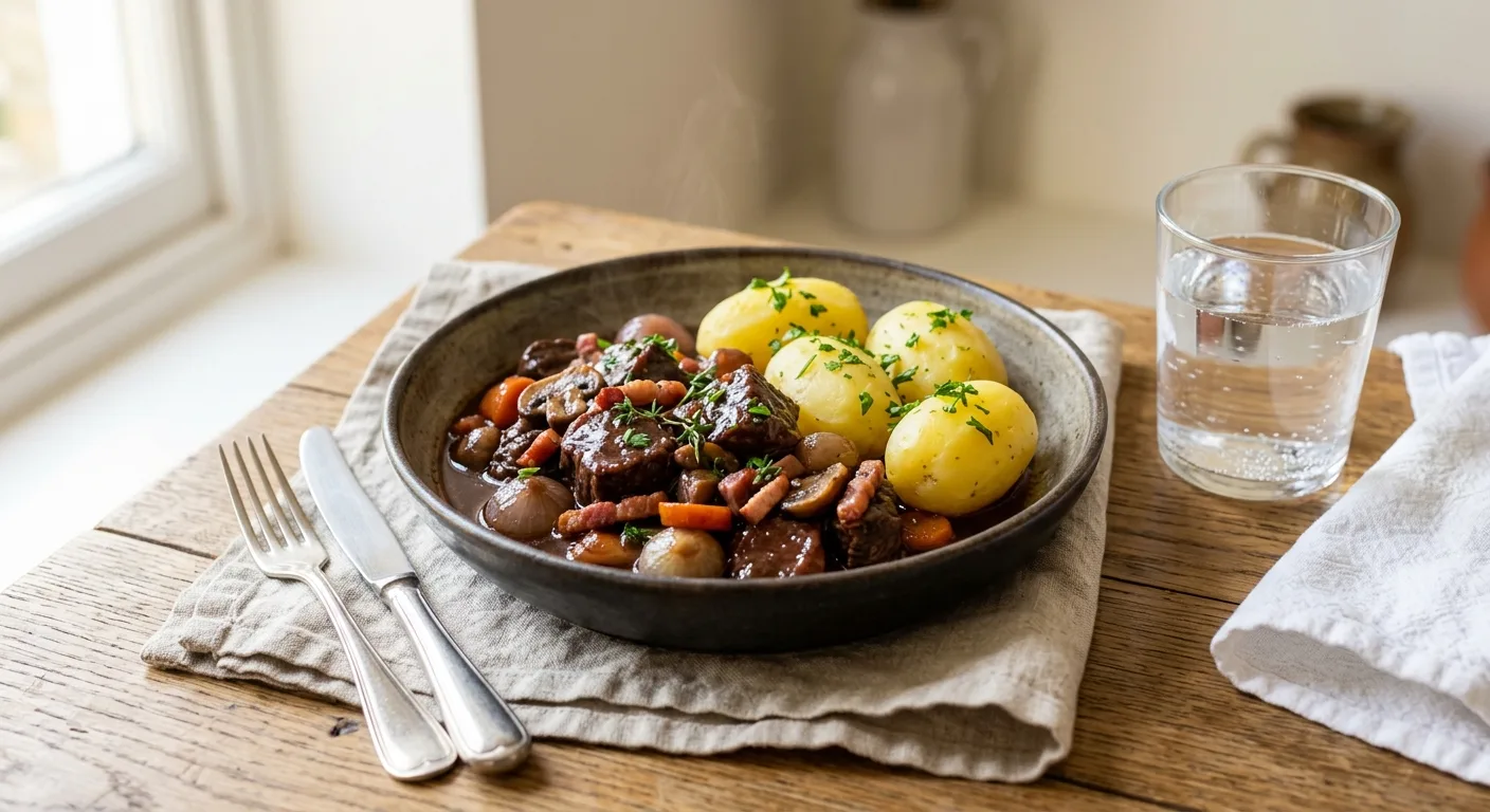 Bœuf bourguignon et pommes de terre vapeur
