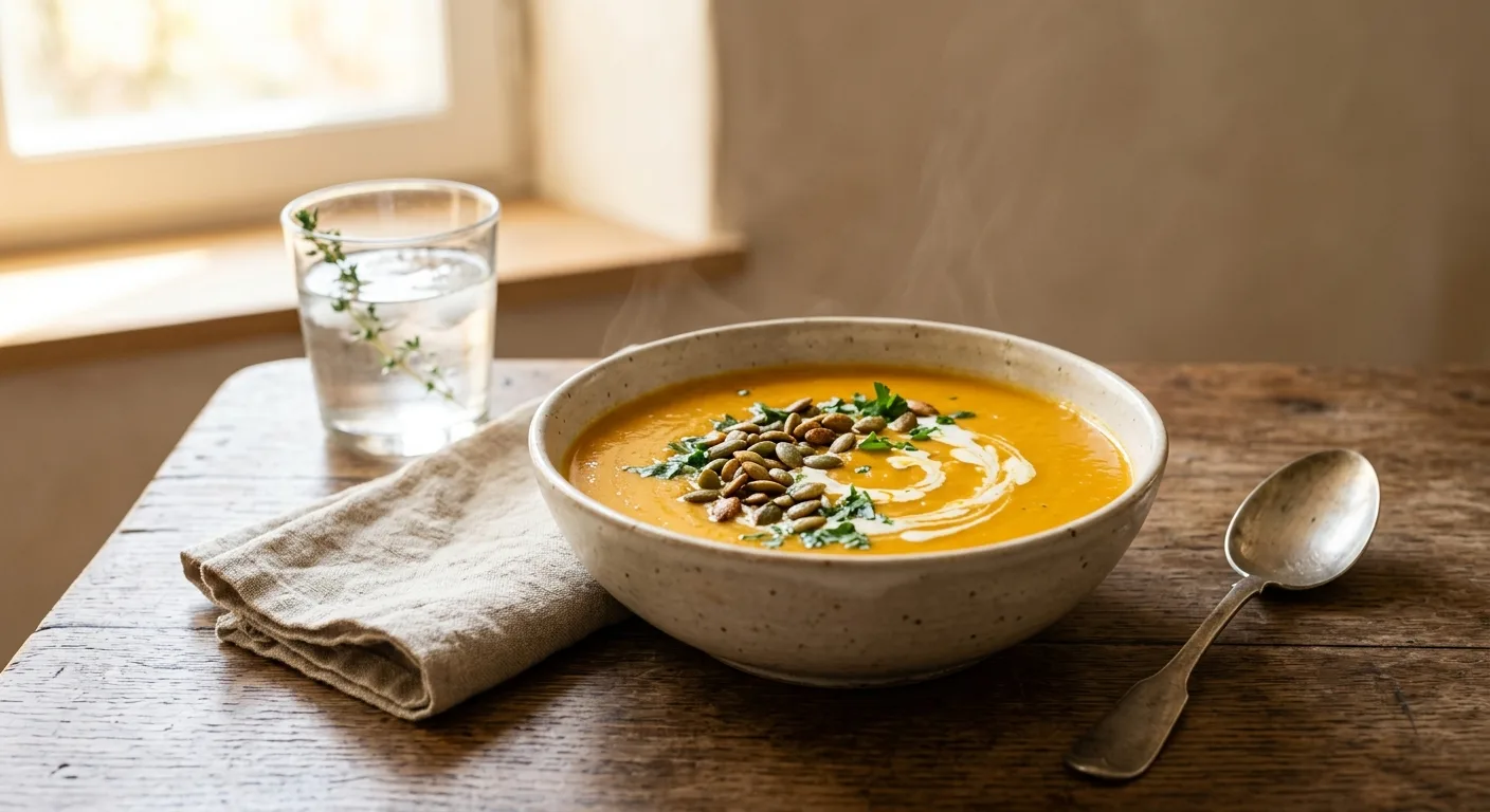 Velouté de potiron et lentilles corail, graines de courge grillées
