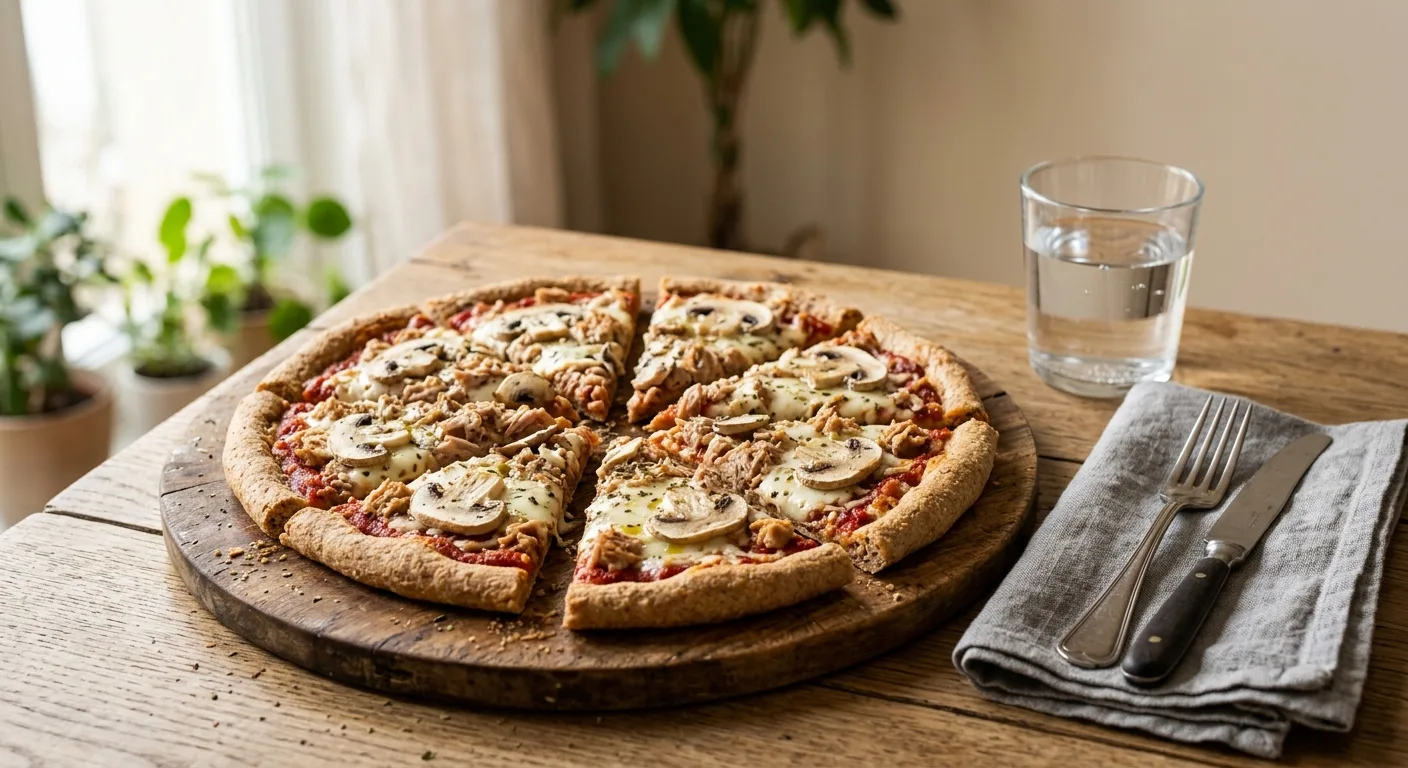 Pizza maison au thon, champignons et mozzarella