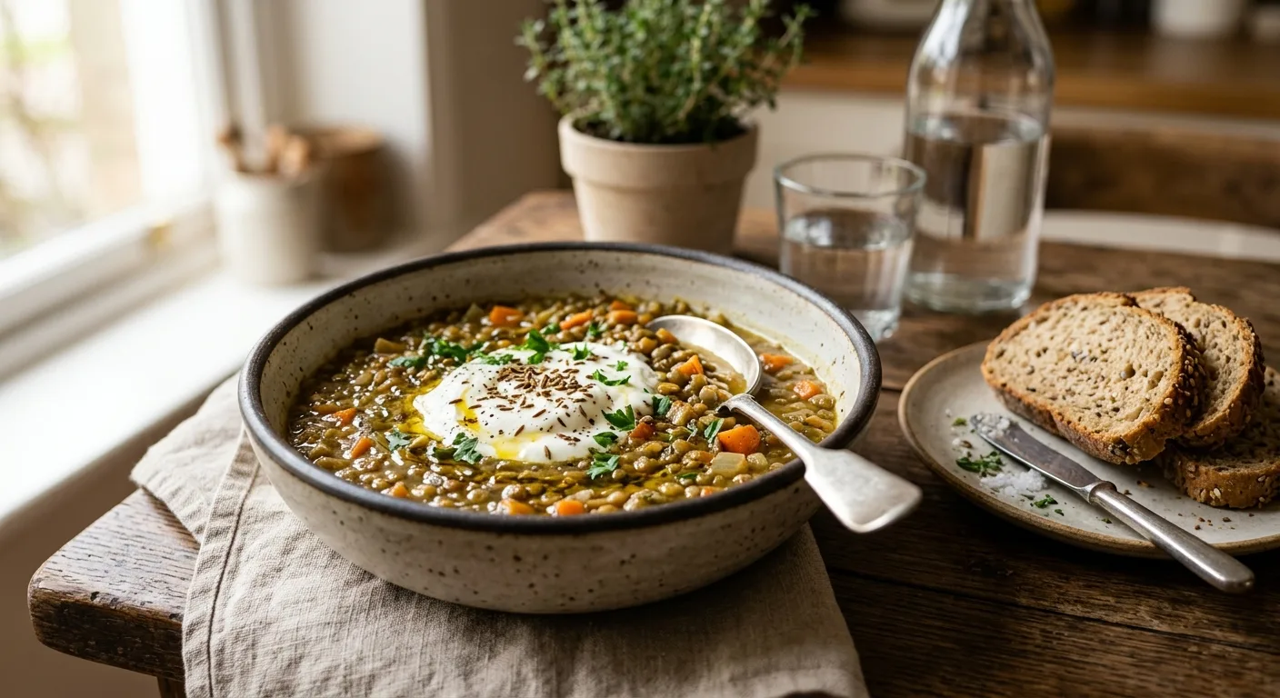 Soupe de lentilles vertes, carotte et cumin, pain complet