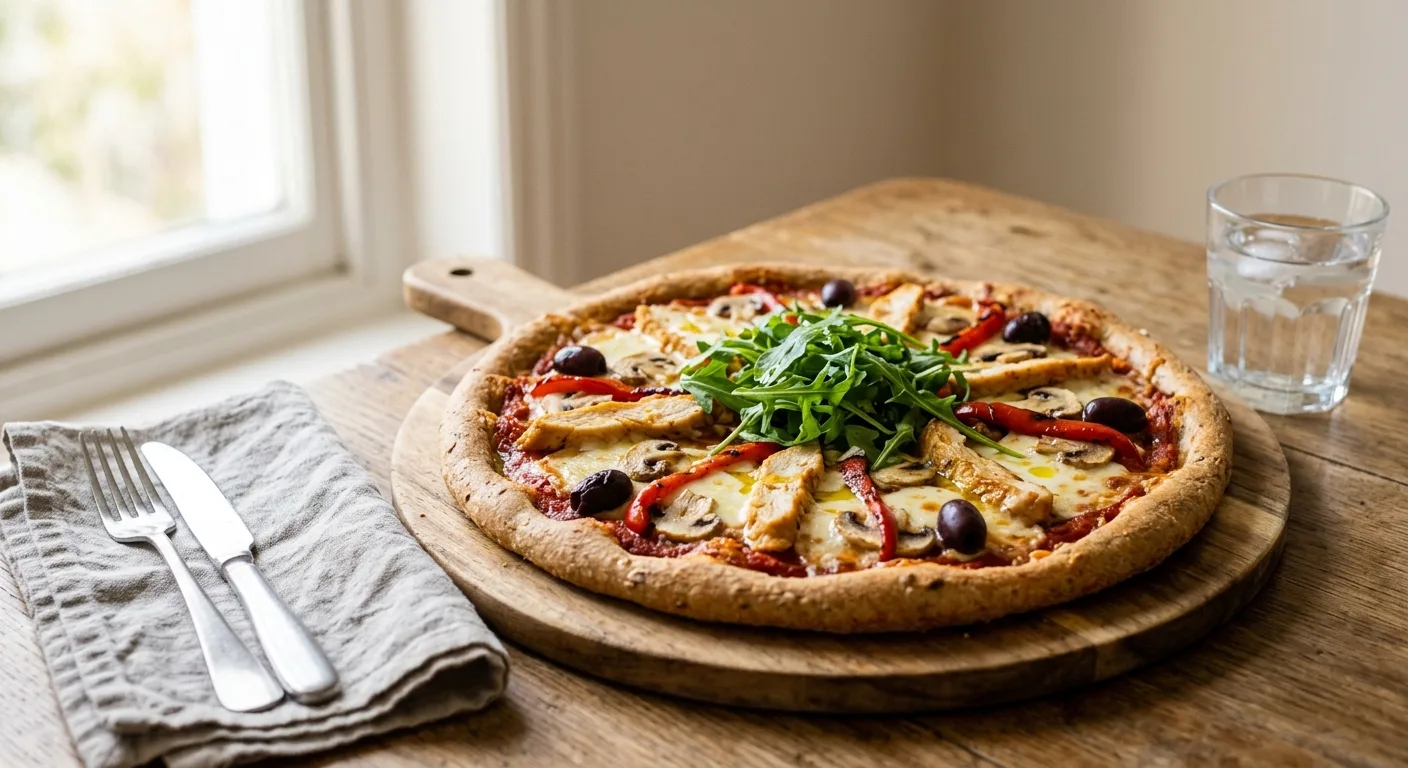 Pizza maison au poulet, champignons et mozzarella