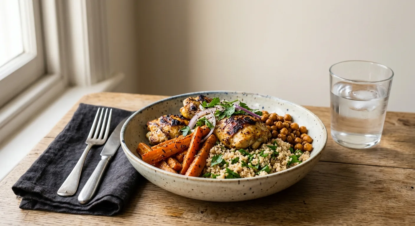 Poulet mariné au yaourt et au cumin, carottes et pois chiches rôtis, semoule complète