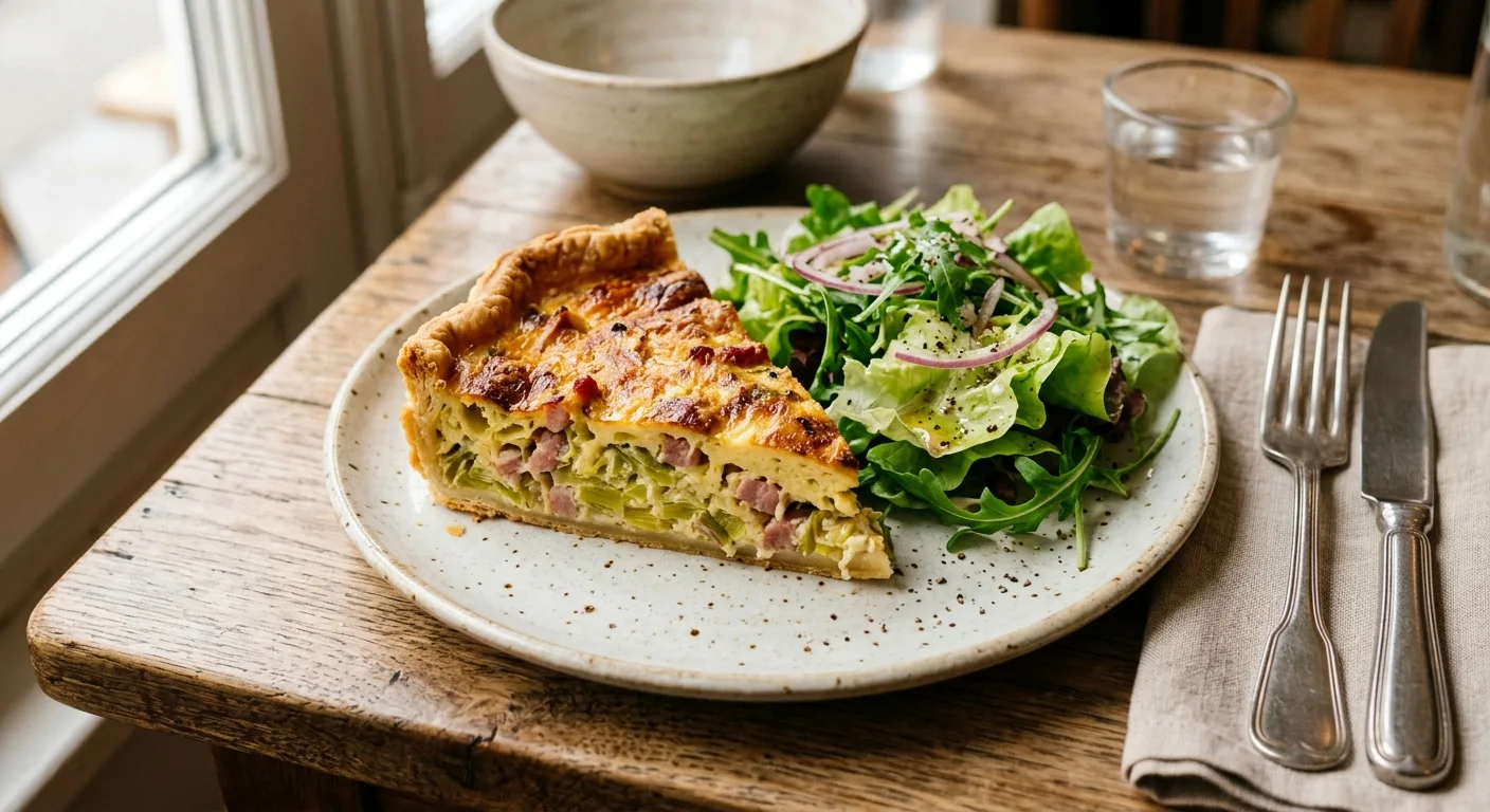Quiche poireaux et lardons, salade verte