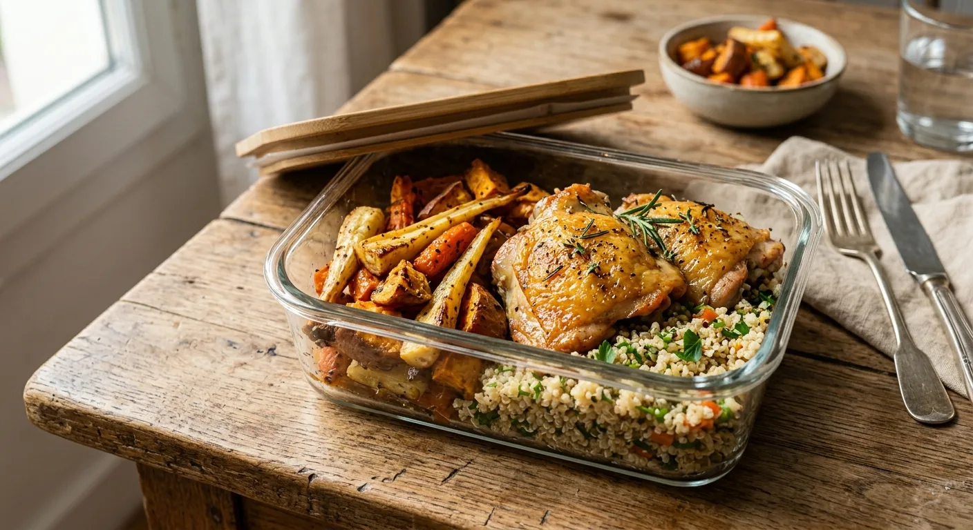 Poulet rôti, légumes racines et quinoa