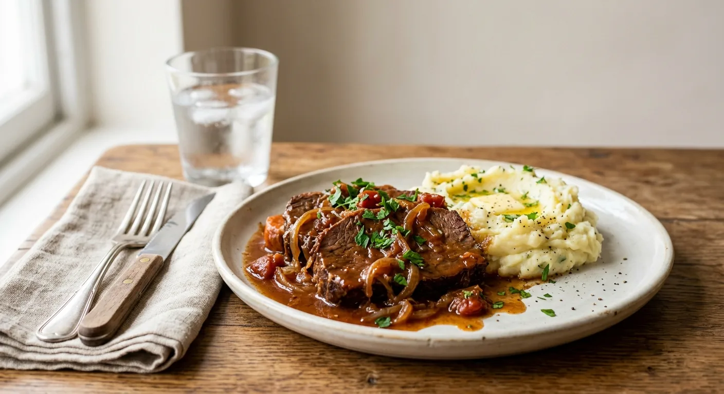 Bœuf mironton aux oignons, purée de pommes de terre