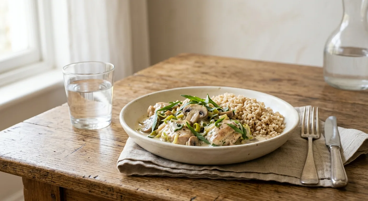Fricassée de poulet aux champignons et estragon, riz complet