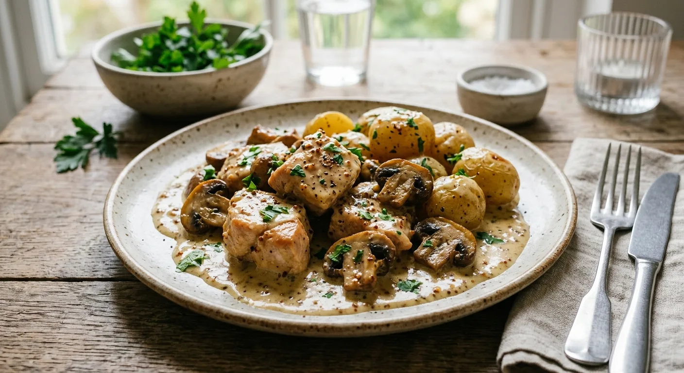 Sauté de dinde à la moutarde et pommes de terre