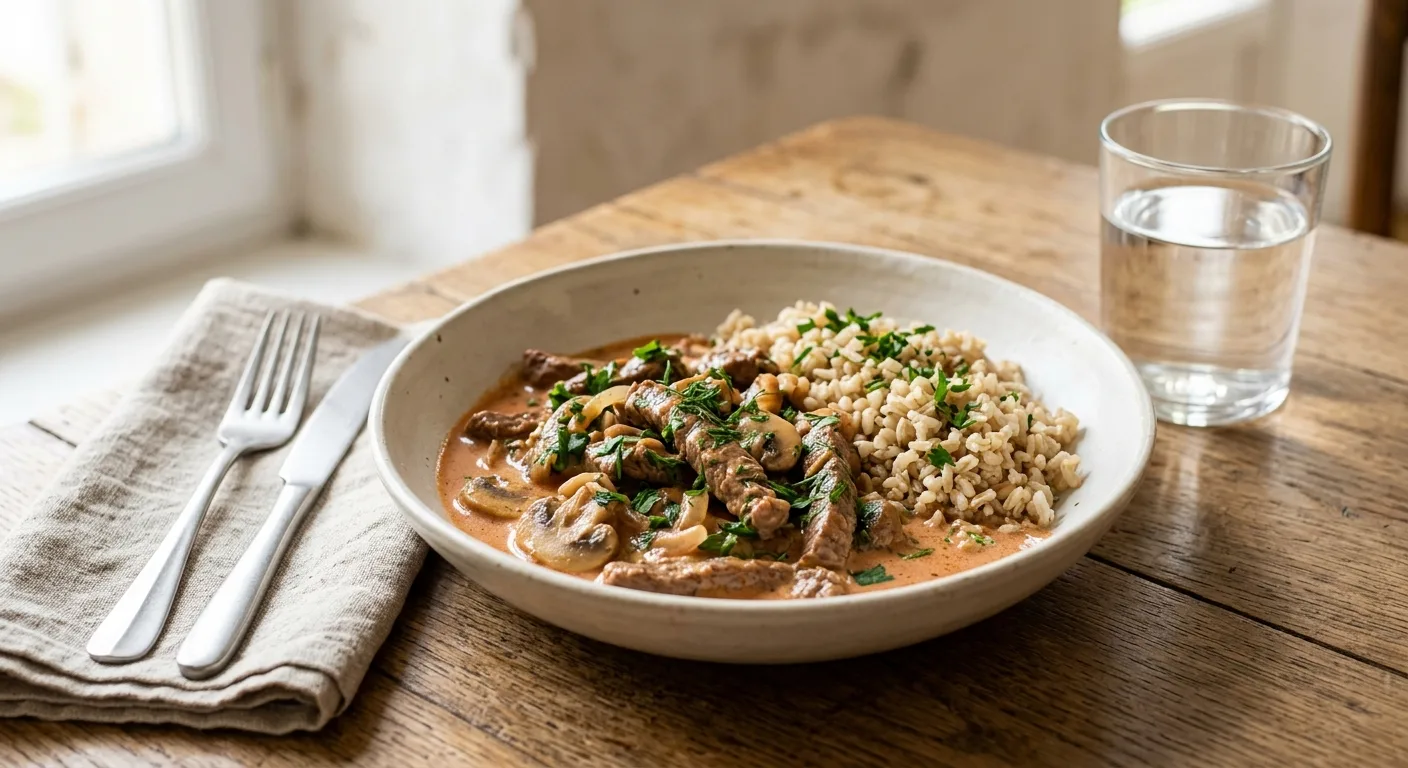 Bœuf stroganoff aux champignons, riz complet