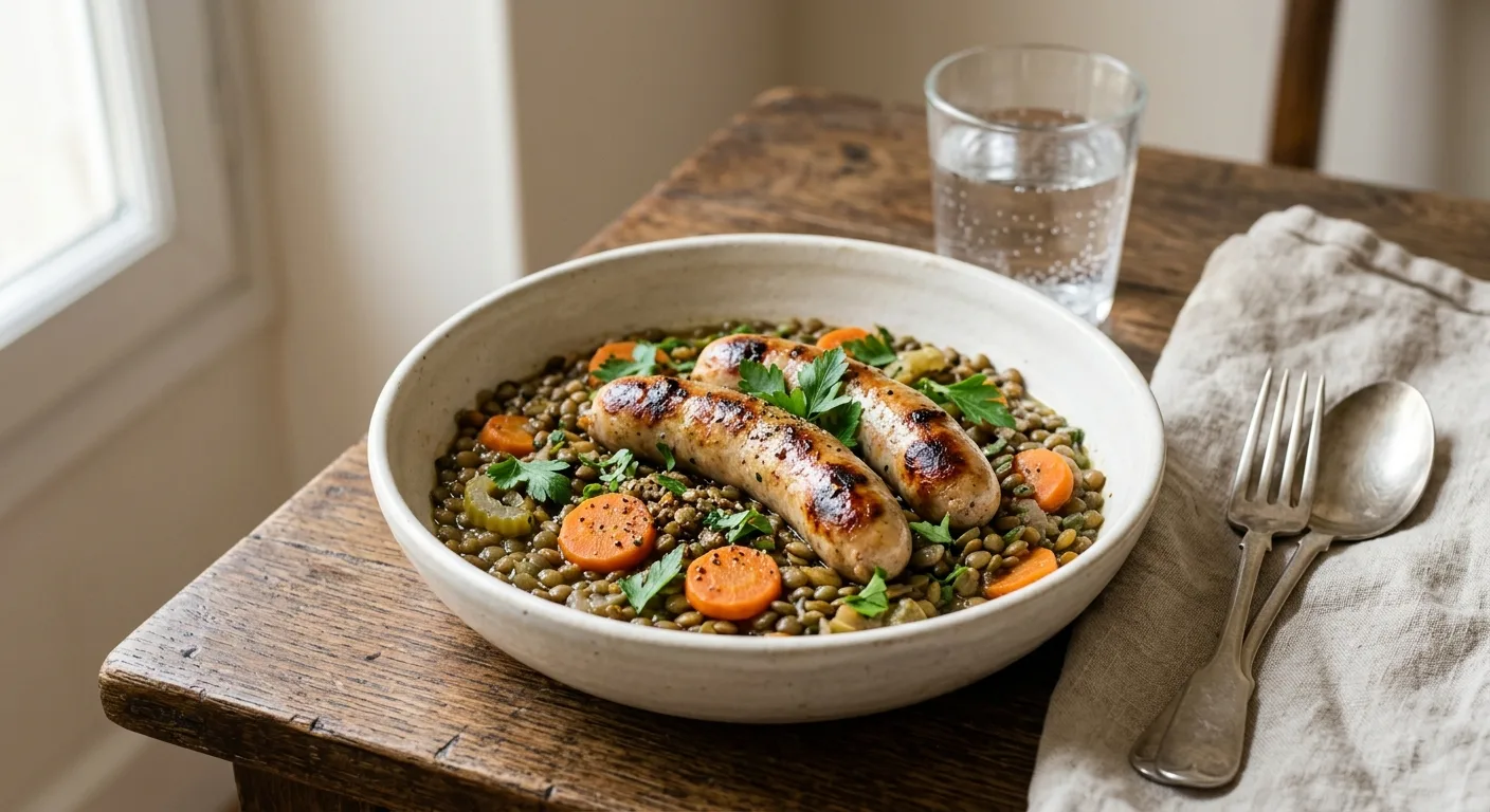 Chipolatas de volaille aux lentilles vertes et carottes