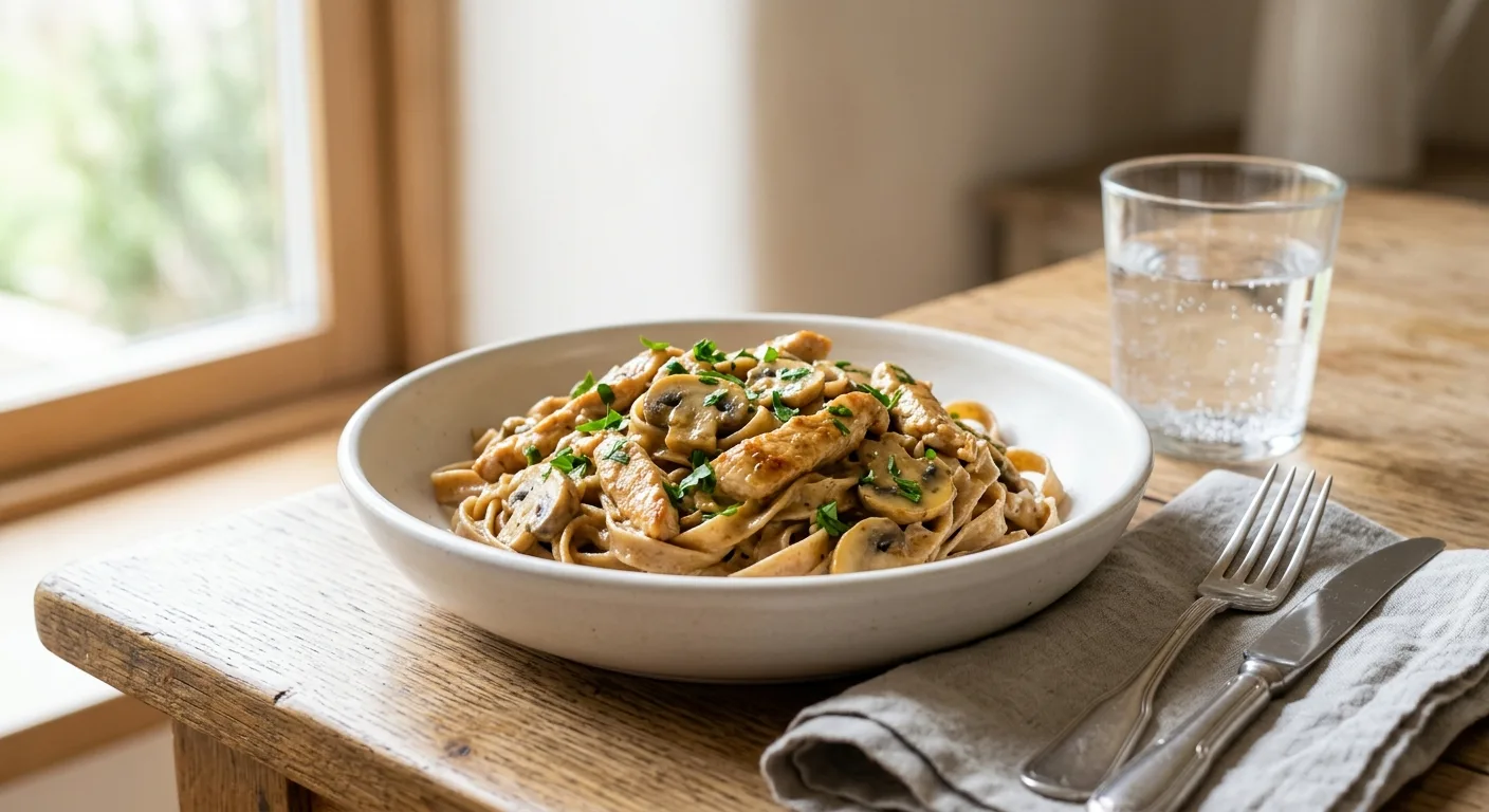 Escalopes de dinde à la crème de champignons, tagliatelles complètes